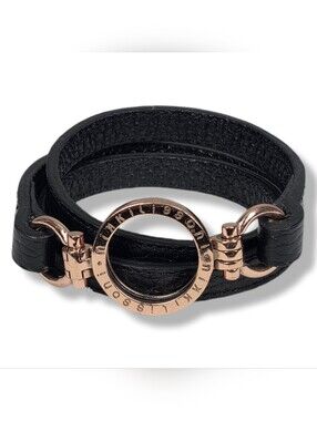 NIKKI LISSONI BLACK LEATHER WRAP BRACELET – ROSE GOLD‑PLATED RING – SIZE XS/S
